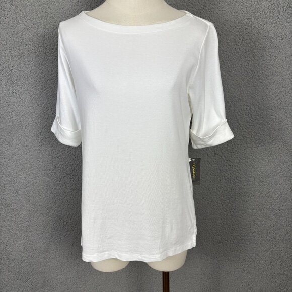 Style & Co Women's Elbow Tee Small Bright White 100% Cotton New With Tag's. - Picture 1 of 8
